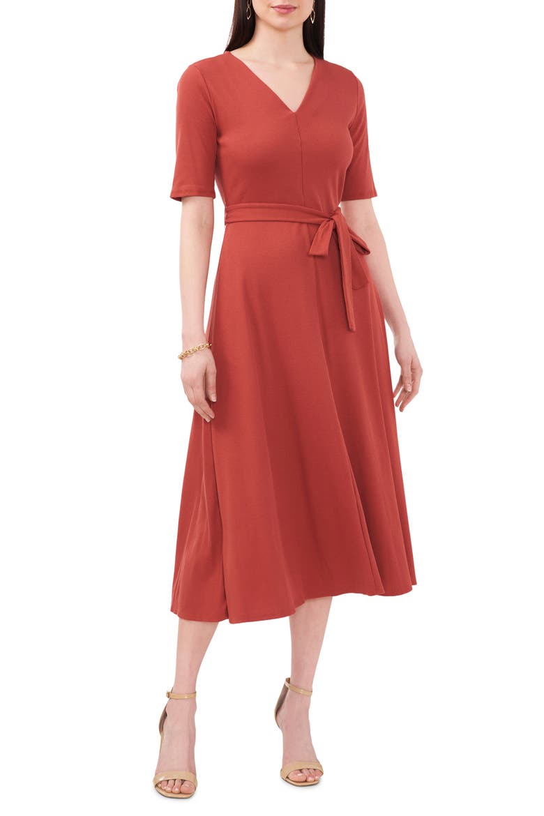 V-Neck Belted Midi Dress