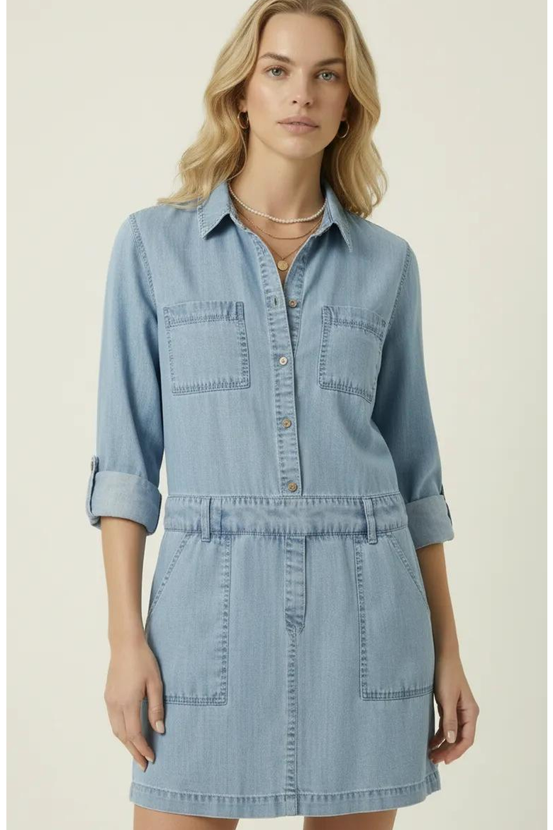 Button-Front Long Sleeve Denim Mini Dress