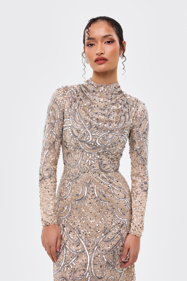 Modest Cowl Embellished Sequins Maxi Dress
