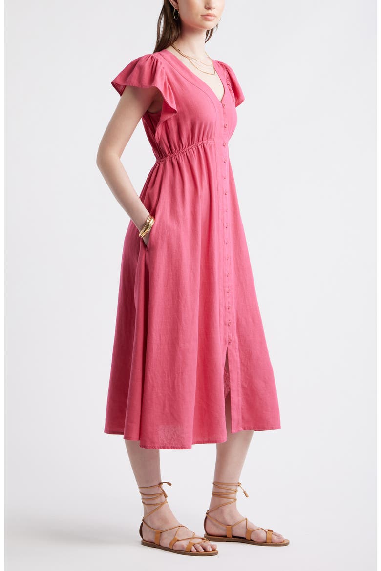 Short Sleeve Button Down Linen Blend Midi Dress