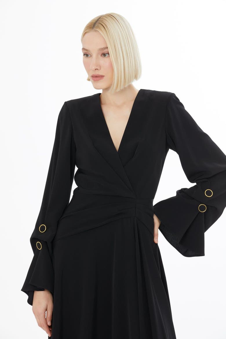 Pleated Front Midi Dress with Concealed Back Zip