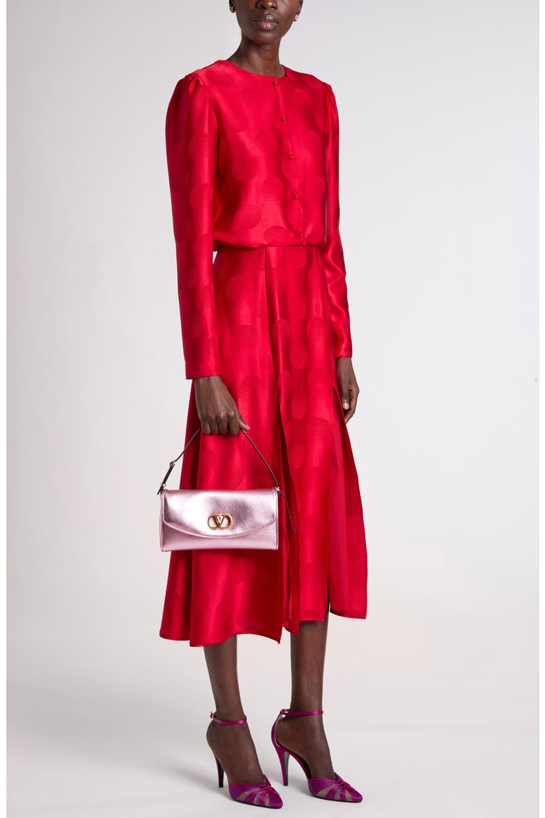 Mossi Polka Dot Jacquard Long Sleeve Silk Midi Dress