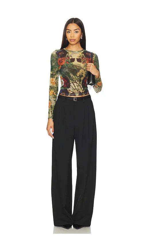 Alice + Olivia Delaina Printed Mesh Long Sleeve Crop Top in Forbidden Forest - Image 4