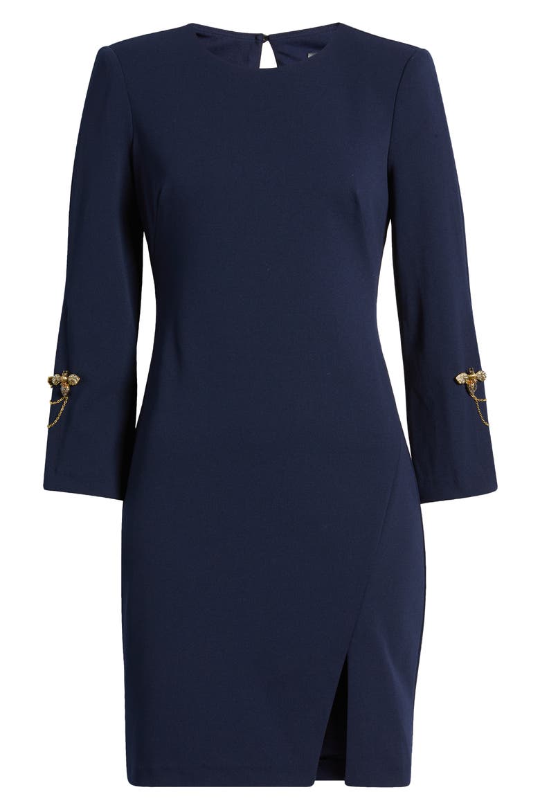 Brooch Detail Long Sleeve Crepe Shift Dress
