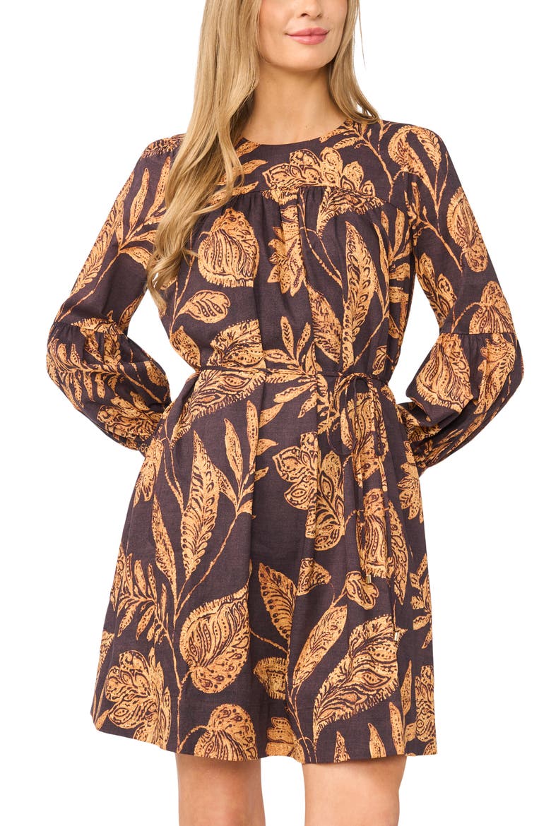 Volume Long Sleeve Tie Waist Cotton Dress