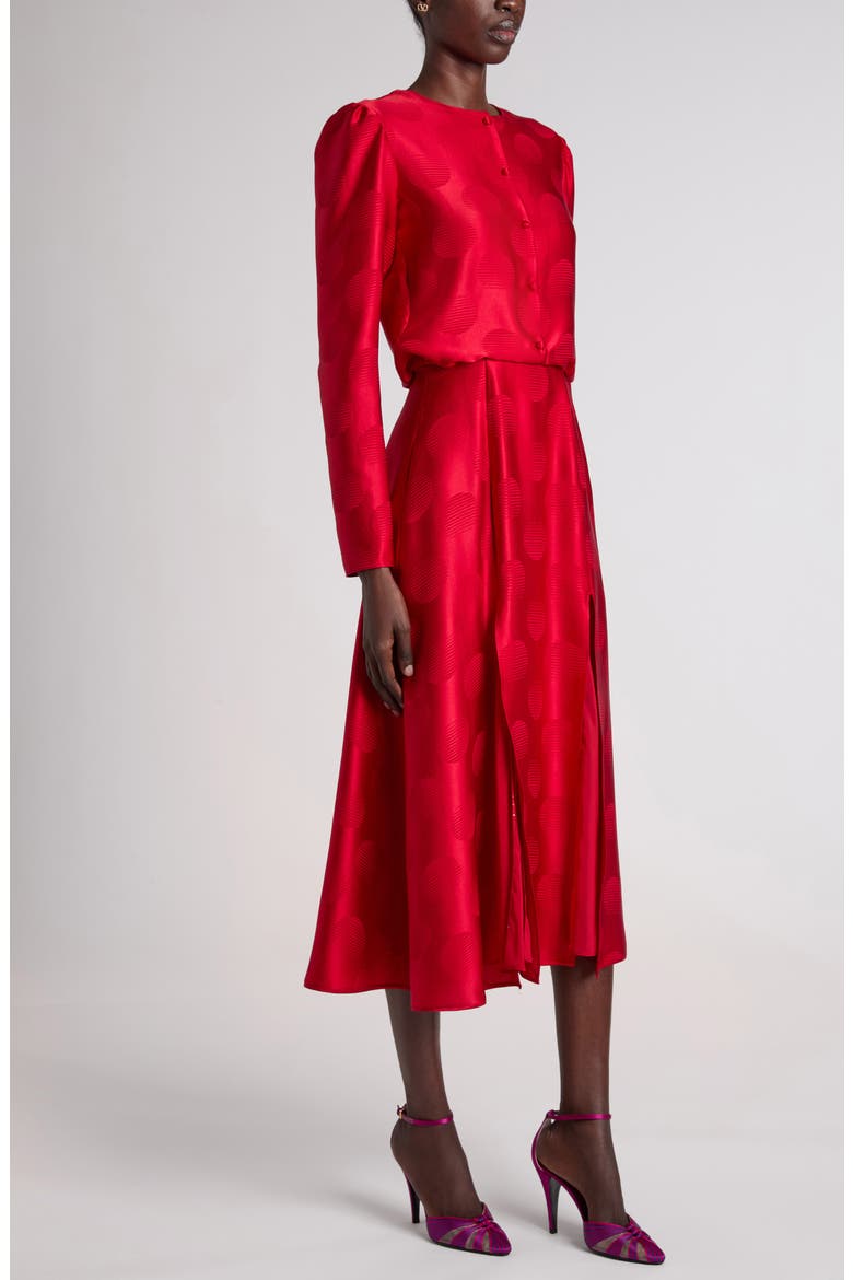 Mossi Polka Dot Jacquard Long Sleeve Silk Midi Dress