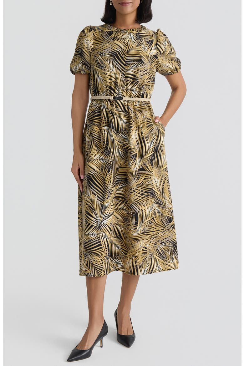 Palm Print Belted Midi Shirtdress
