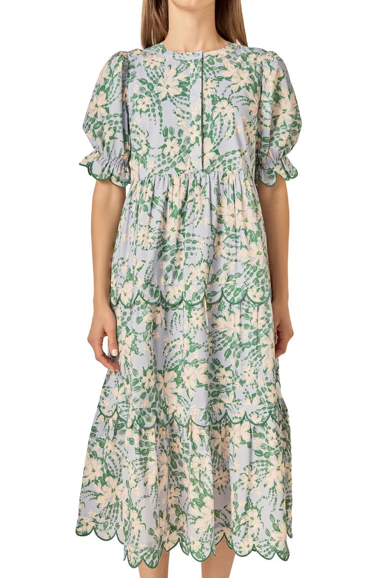 Floral Scallop Trim Tiered Midi Dress