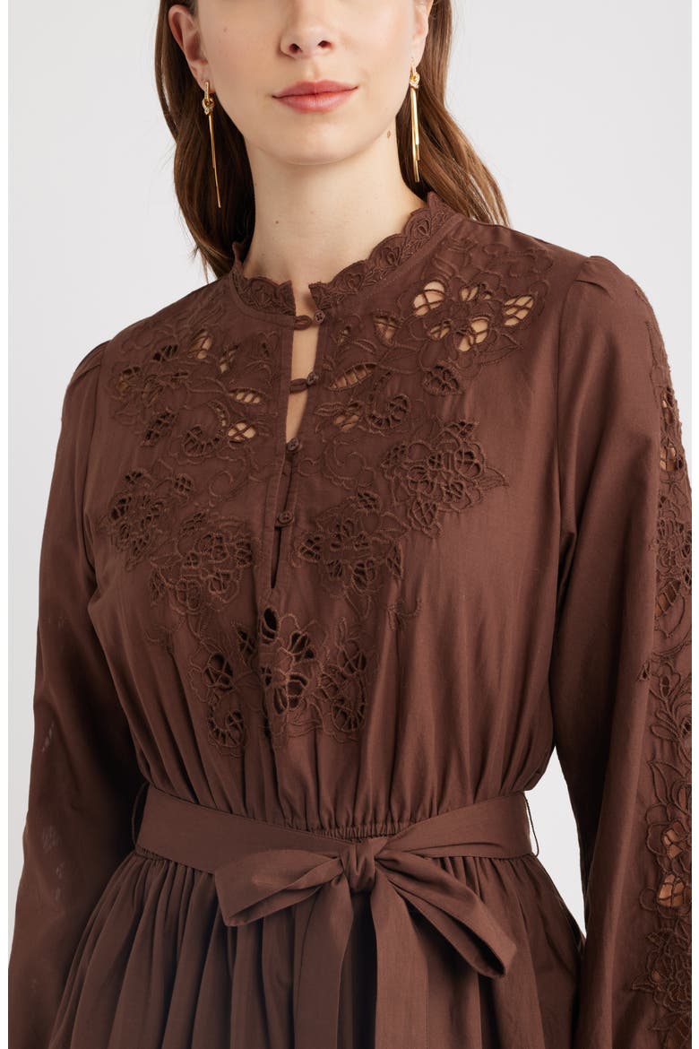 Embroidered Long Sleeve Tie Waist Minidress