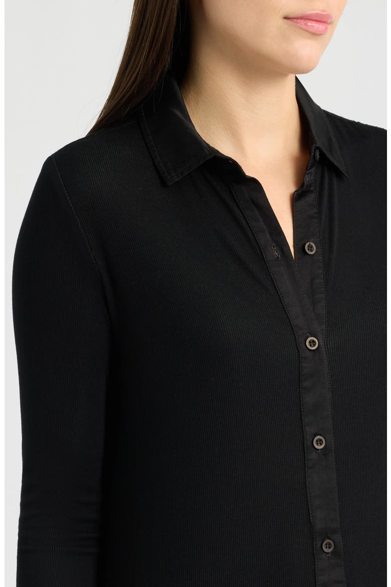 Front Button Long Sleeve Rib Midi Dress