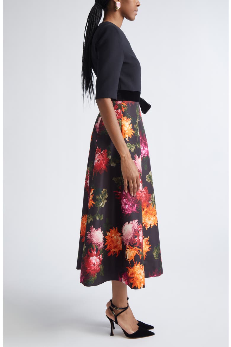 Chrysanthemum Print Crepe, Velvet & Faille Fit & Flare Midi Dress