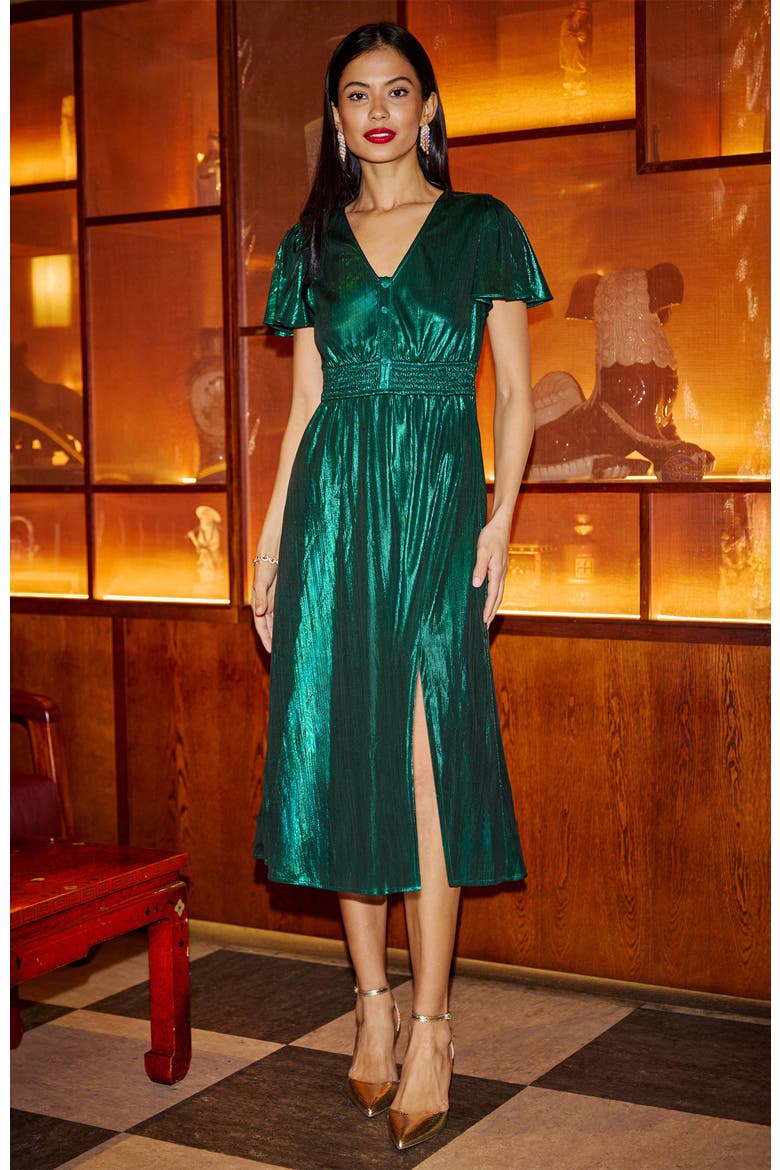 Metallic Ruched Midi Dress