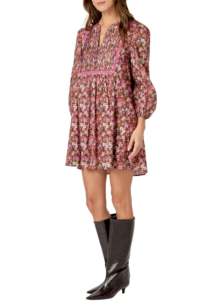 Floral Print Pintuck Cotton Minidress