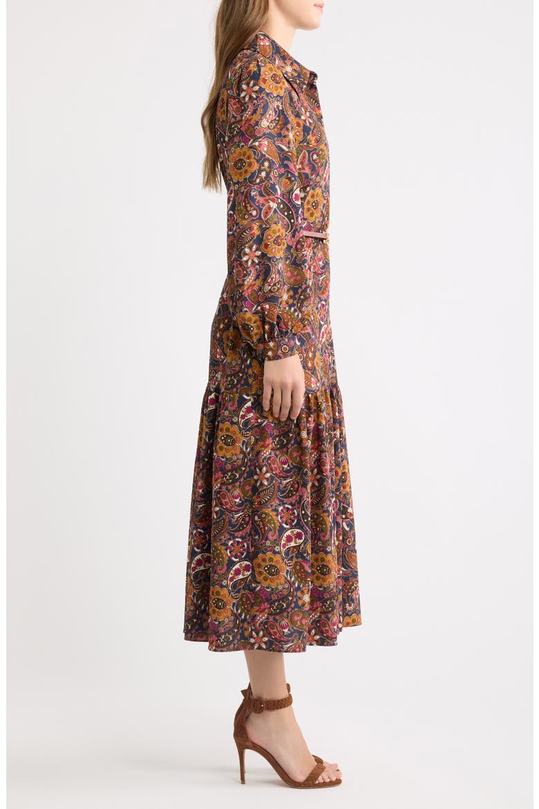 Print Belted Long Sleeve Maxi Shirtdress