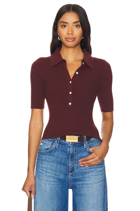 525 America Ginny Short Sleeve Johnny Collar Top in Oxblood - Image 1