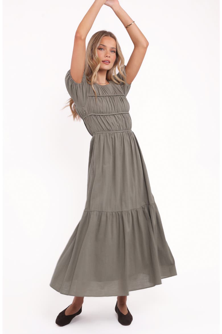 Deloria Shirred Ruffle Maxi Dress