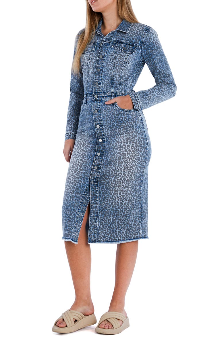 Animal Print Long Sleeve Denim Trucker Shirtdress