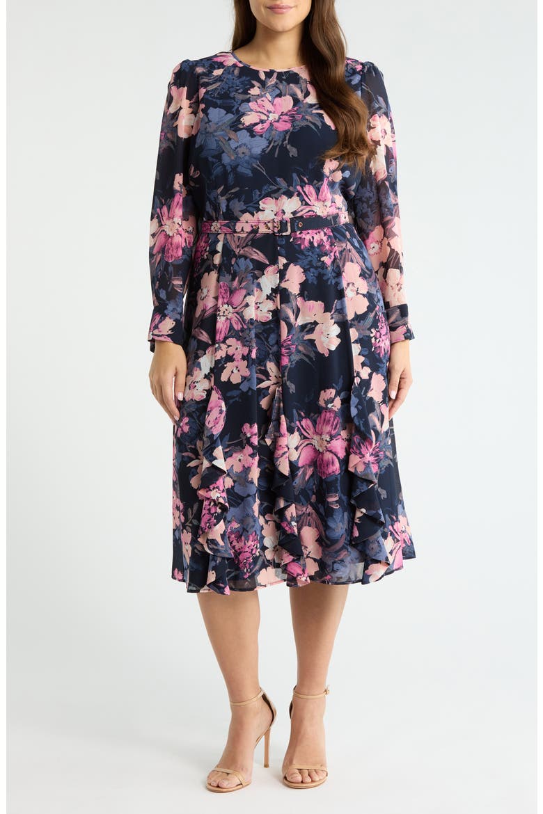 Floral Belted Long Sleeve Dress