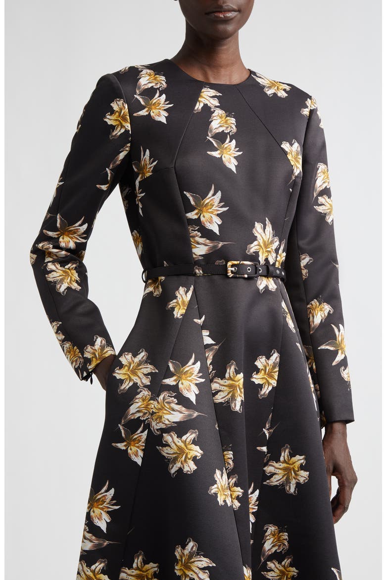 Uccelina Festive Lillies Long Sleeve Belted Fit & Flare Faille Midi Dress