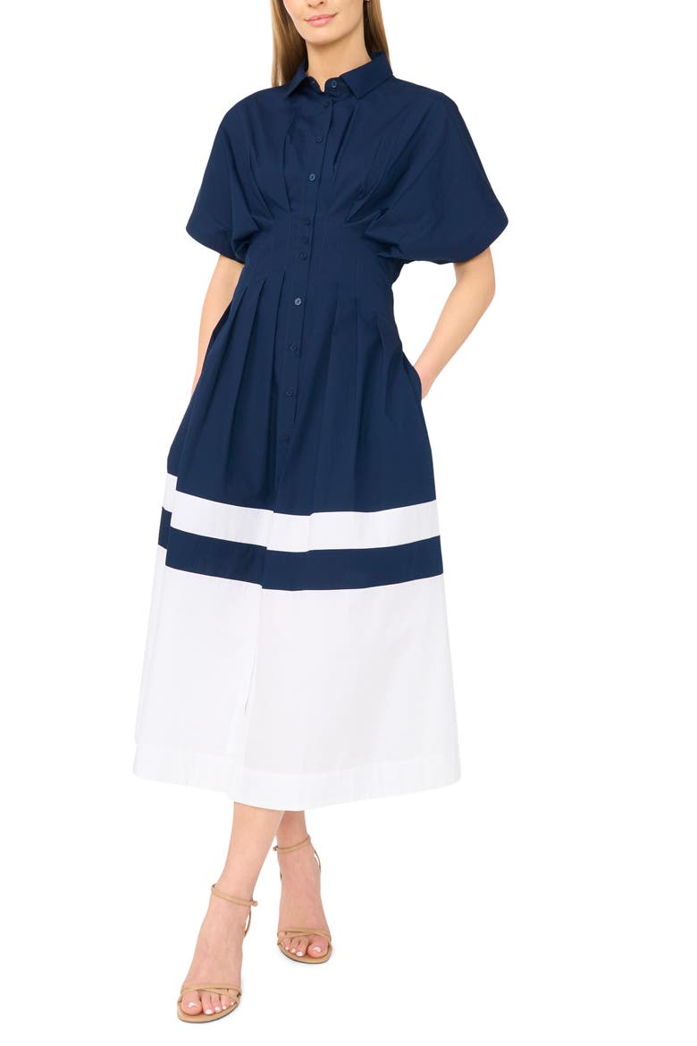 Colorblock Pleated Cotton Poplin Shirtdress