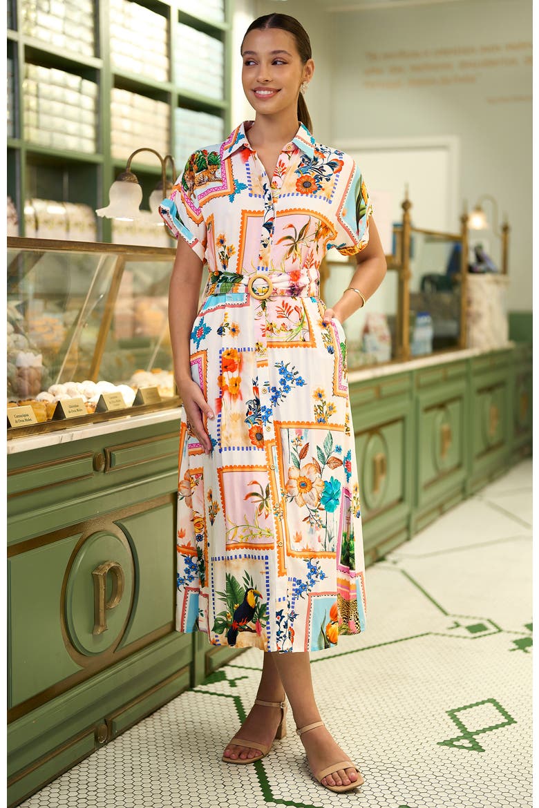 Tropical Postcard Print Midi Shirt Dress