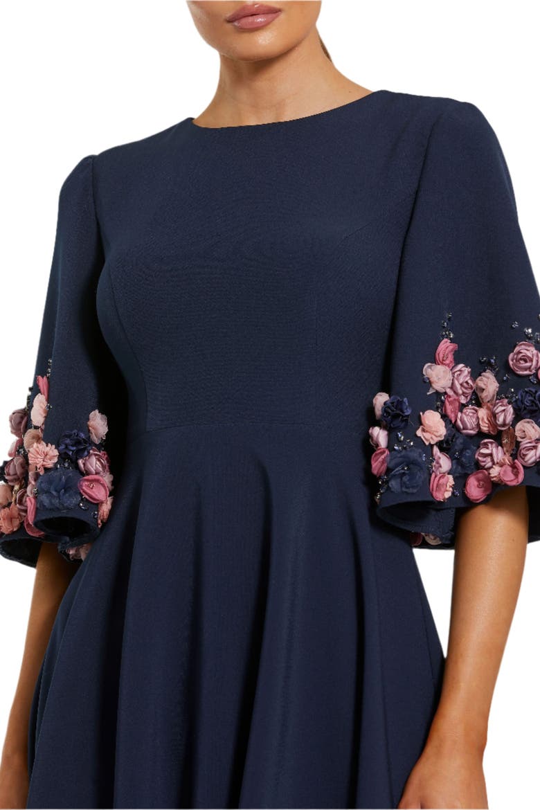 Stretch Satin Elbow Sleeve Gown With Flower Trim