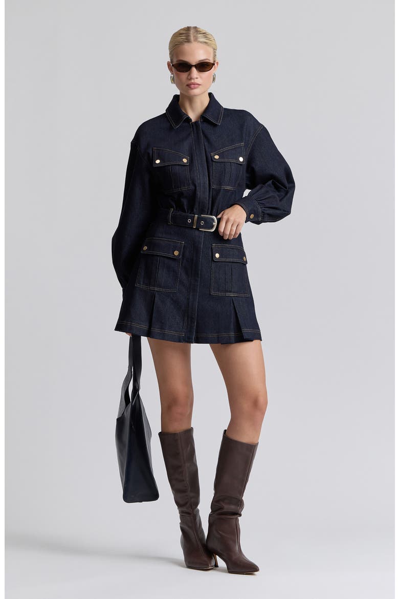 Belted Long Sleeve Stretch Denim MInidress