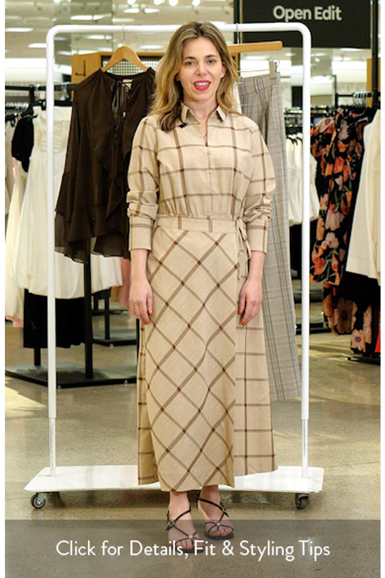 Windowpane Plaid Long Sleeve Wrap Skirt Shirtdress