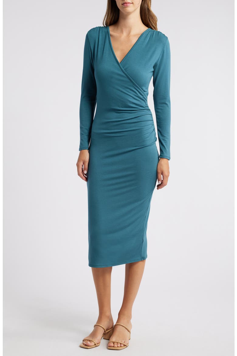 Long Sleeve Faux Wrap Midi Dress