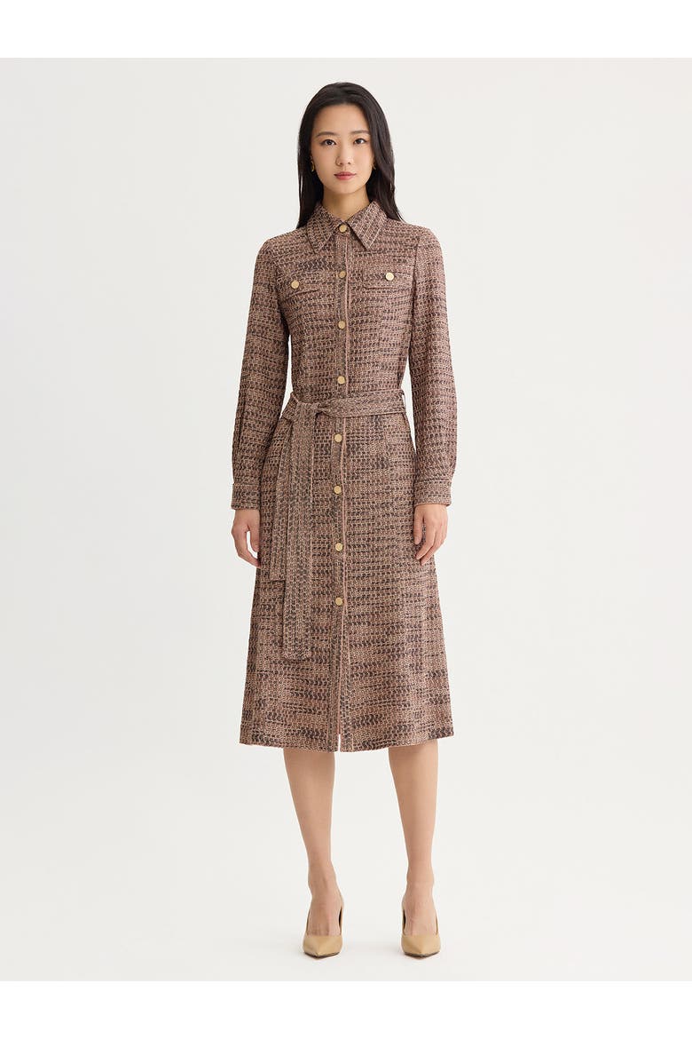 Belted Button Front Tweed Knit Midi Dress