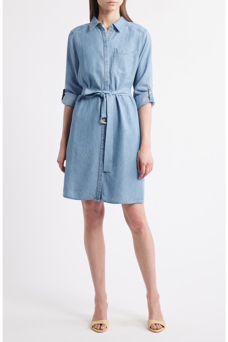 Tie Waist Button Front Long Sleeve Chambray Dress