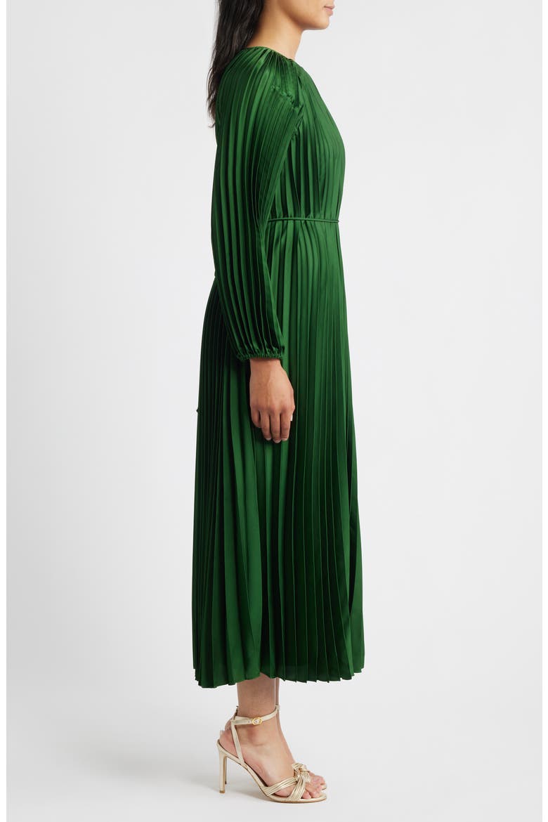 Pleated Long Sleeve Satin Midi Dress