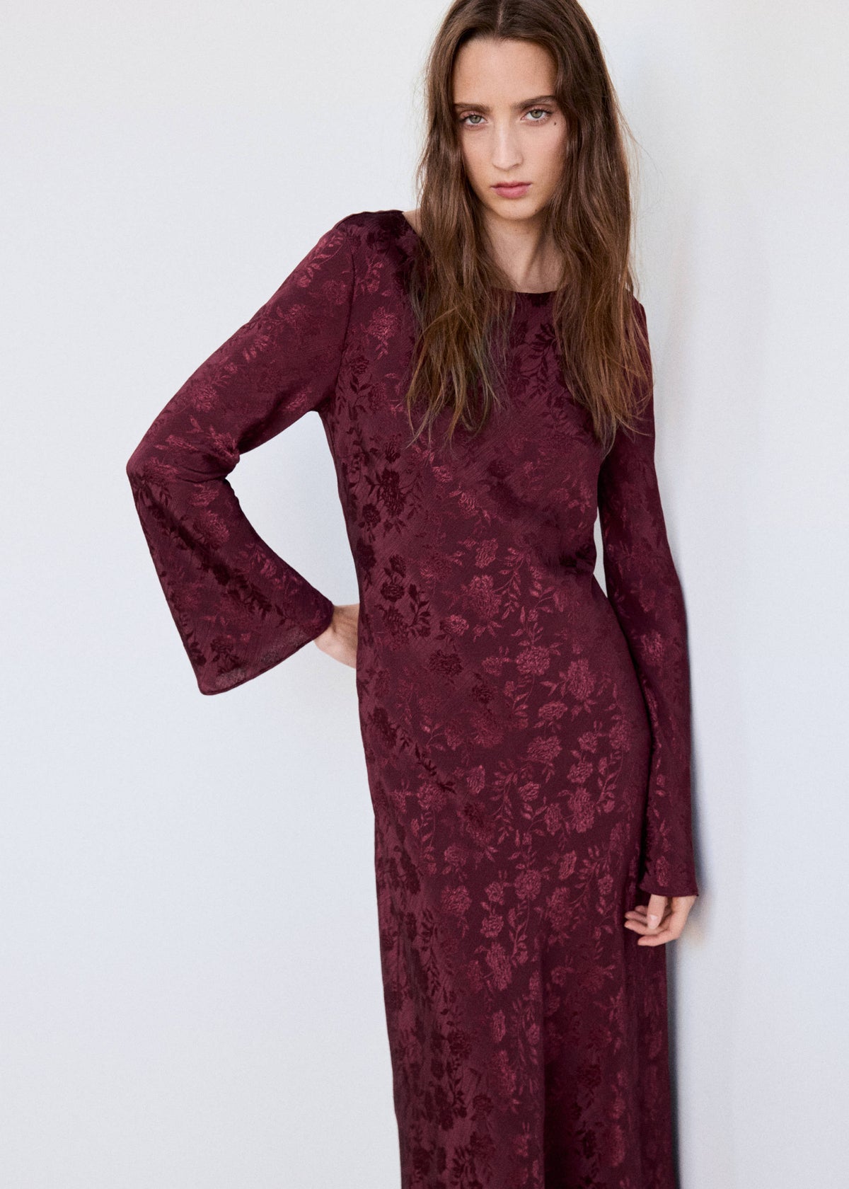 Floral jacquard dress with bell sleeves