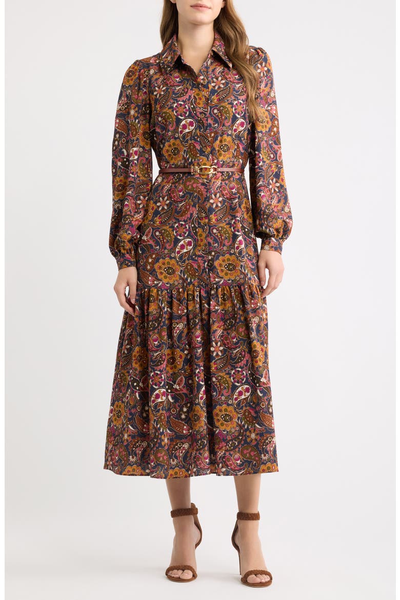 Print Belted Long Sleeve Maxi Shirtdress