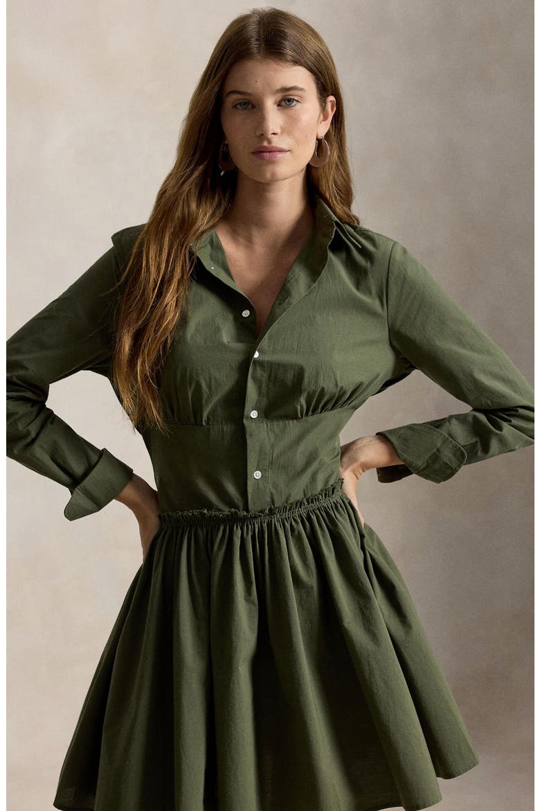 Paneled Shirred Cotton Canvas Mini Shirtdress