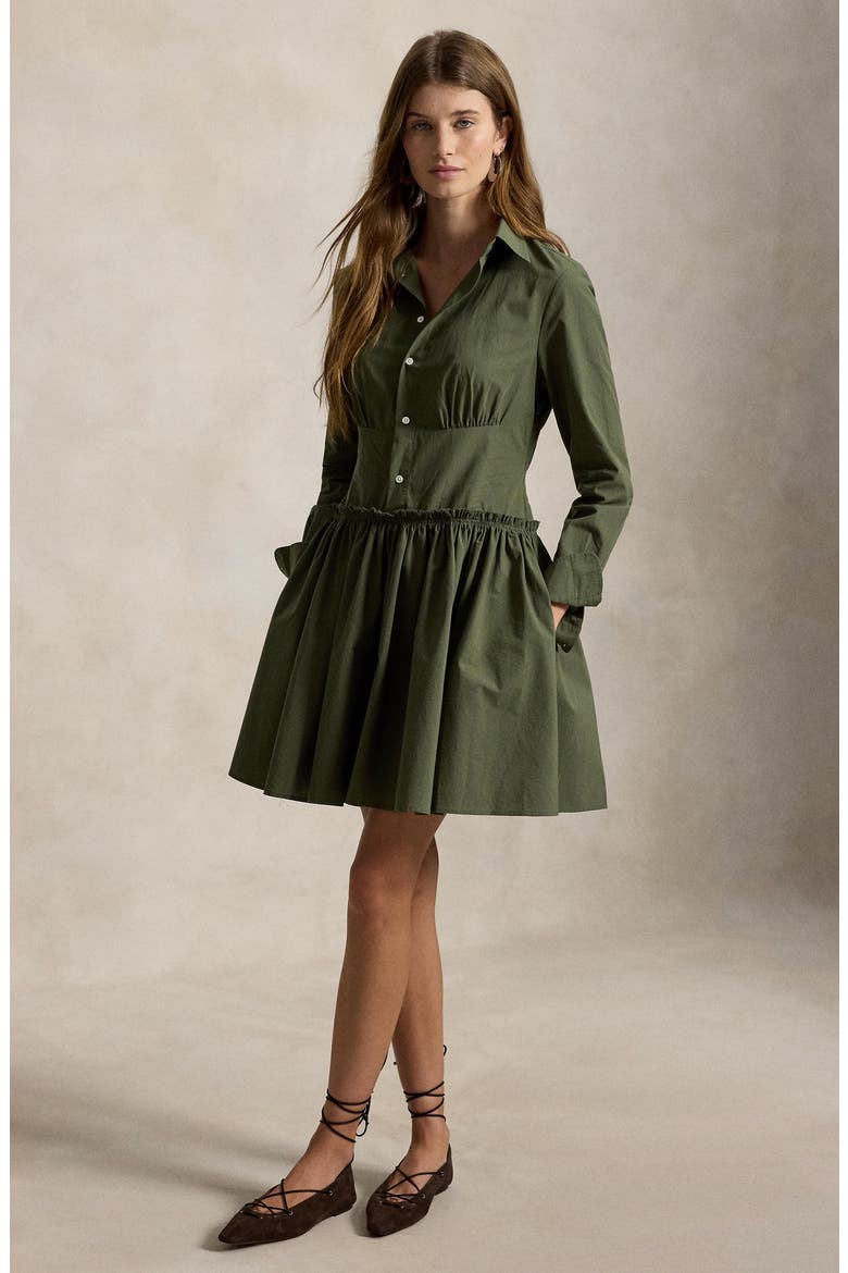 Paneled Shirred Cotton Canvas Mini Shirtdress