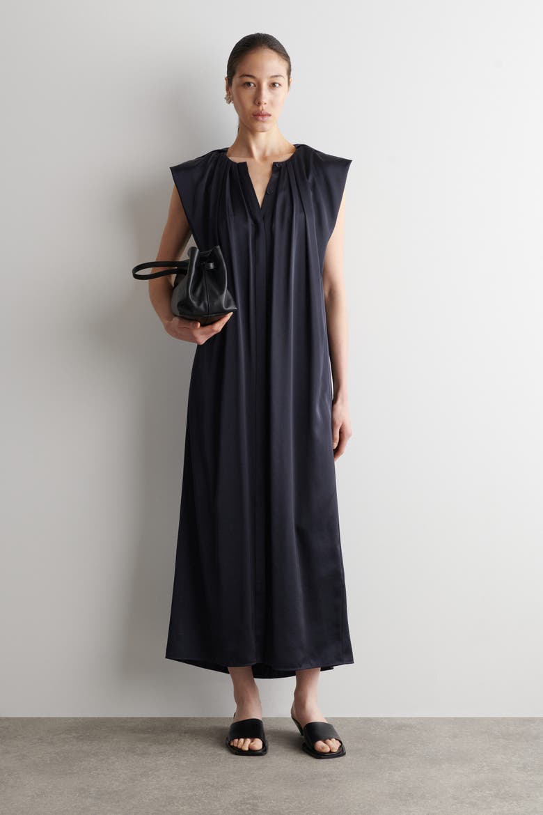 Pleated Satin Midi Dress