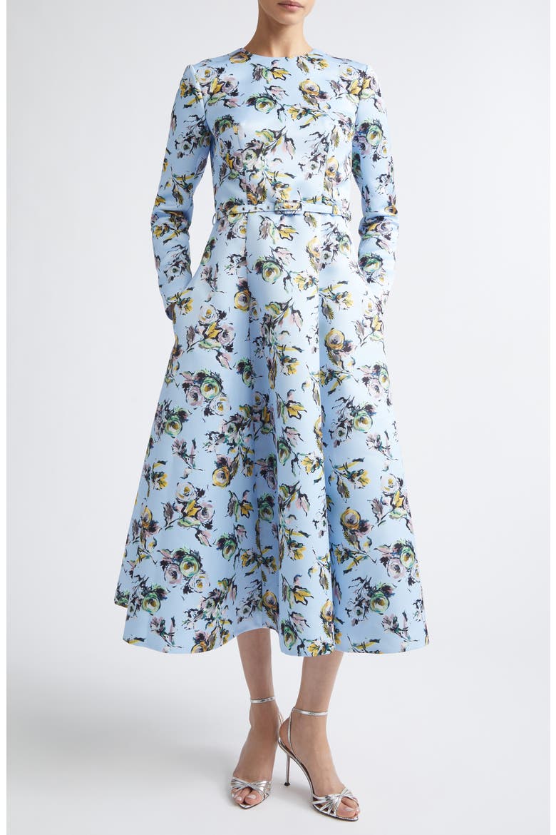 Capucine Floral Long Sleeve Belted Genzianella Sateen Midi Dress