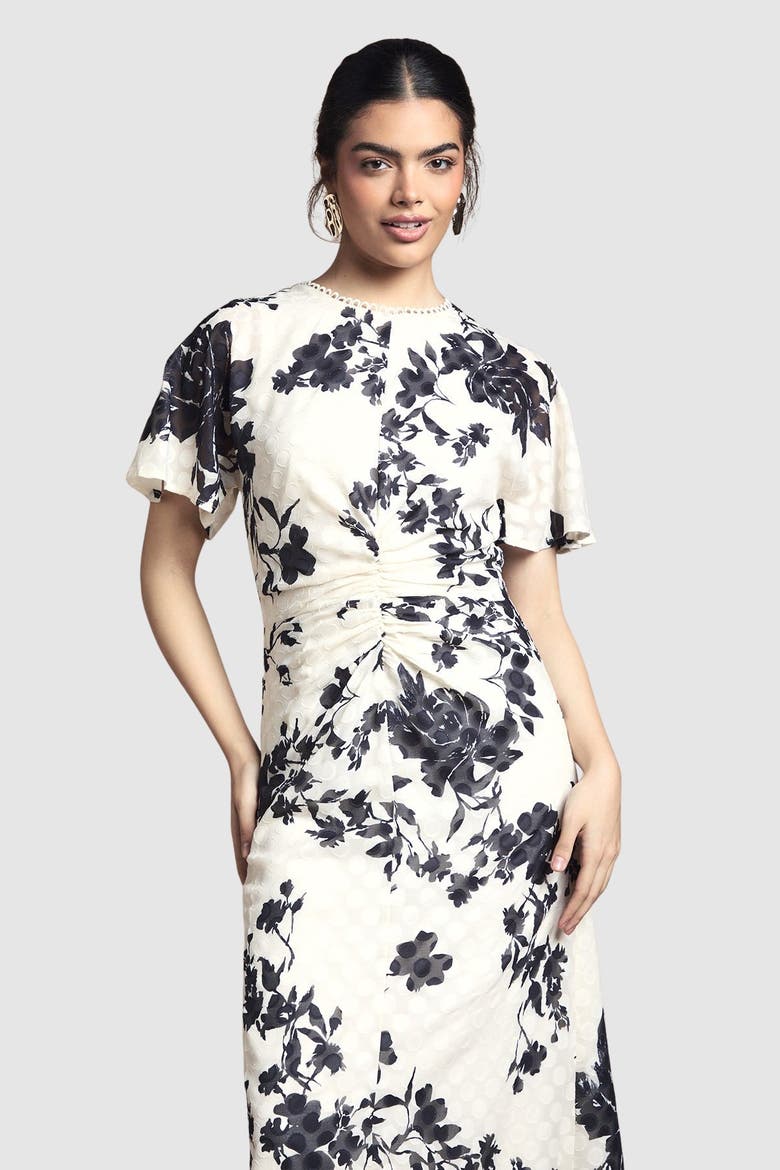Floral Jacquard Cape Sleeve Midi Dress