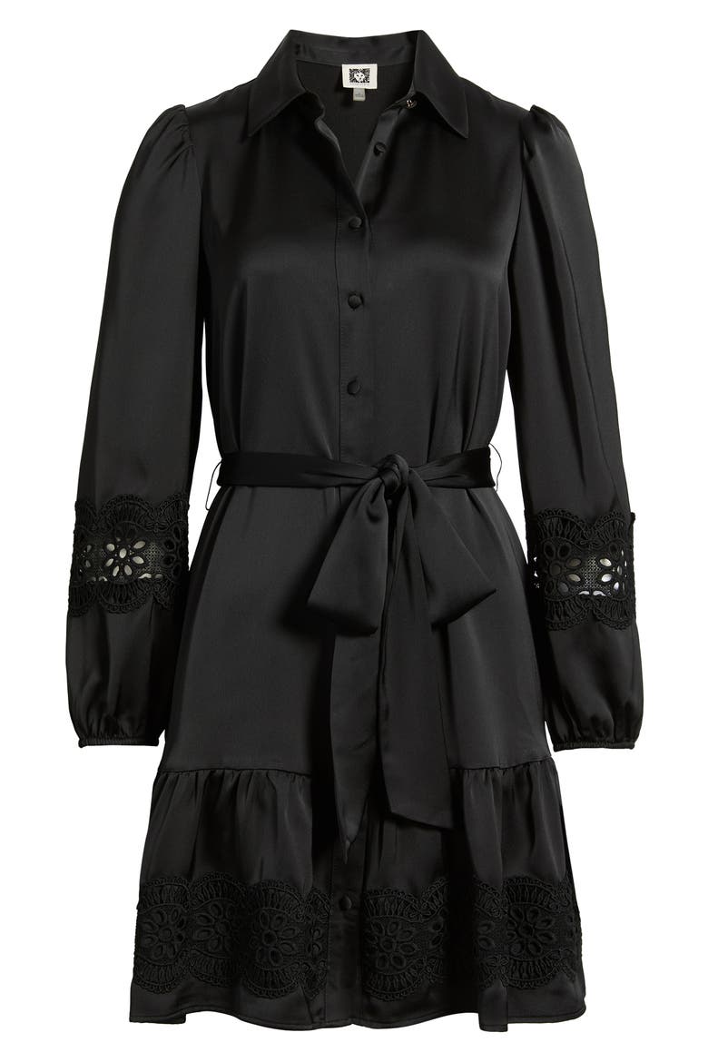 Lace Trim Long Sleeve Tie Belt Satin Shirtdress
