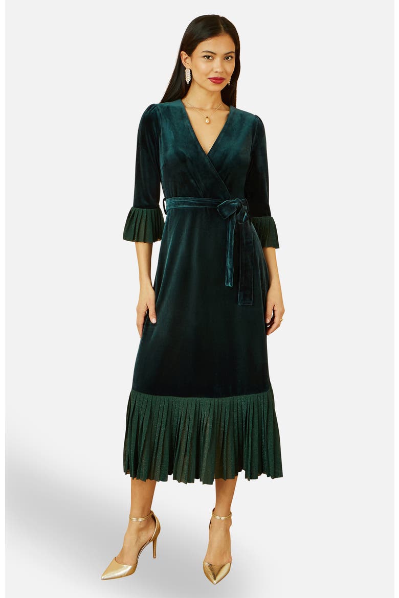 Velvet Midi Pleat Detail Wrap Dress