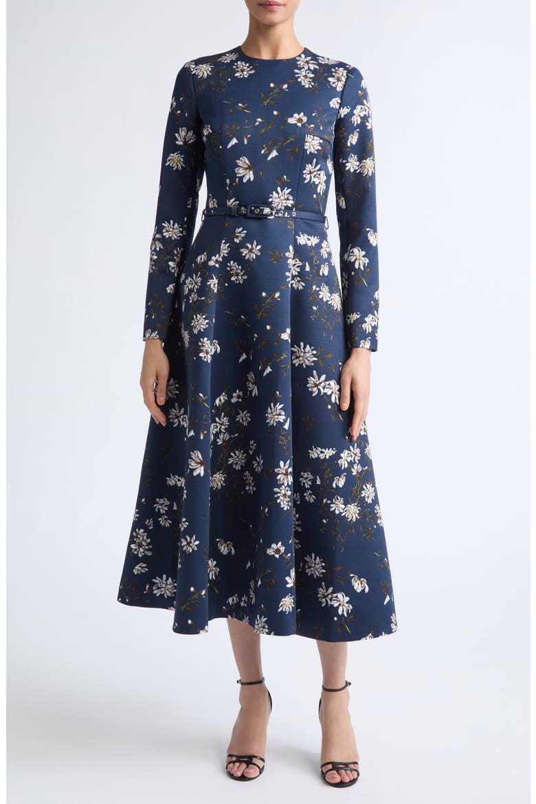 Capucine Floral Print Long Sleeve Belted Satin Midi Dress