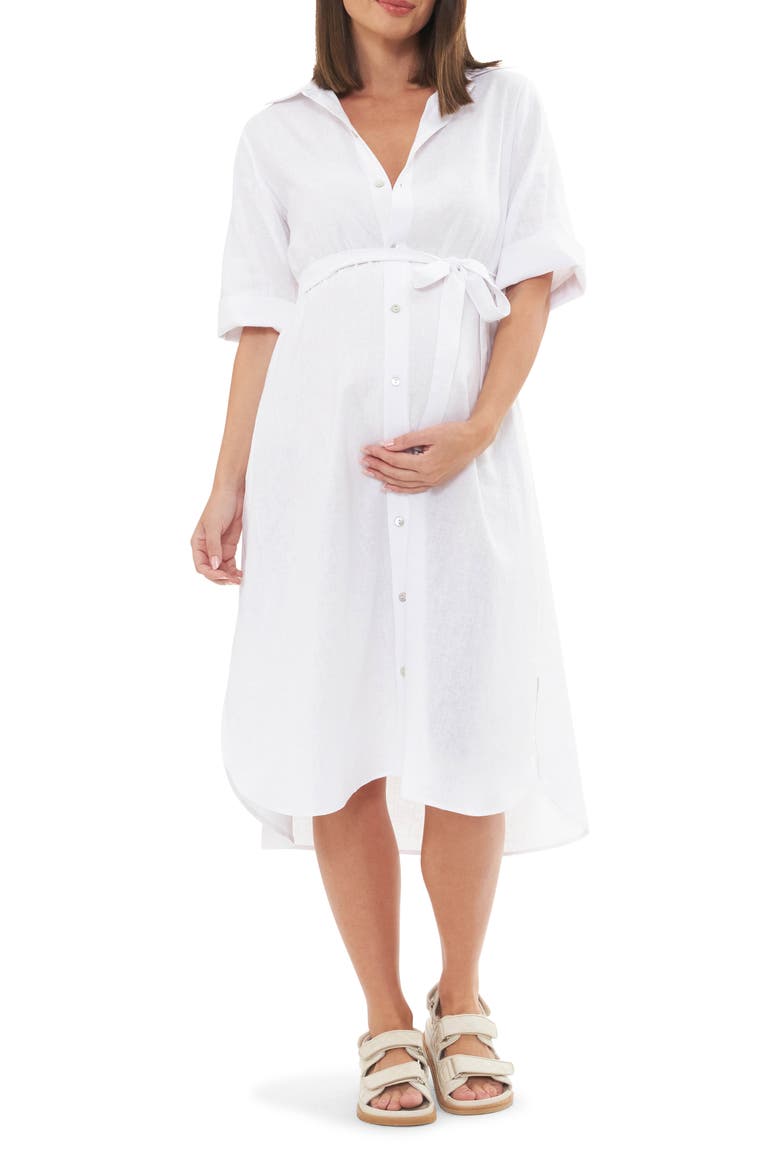 Joyce Belted Linen Blend Midi Maternity Shirtdress