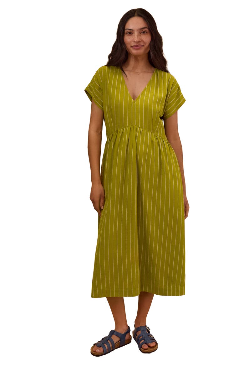 V-Neck Gathered-Waist Striped Midi Dress