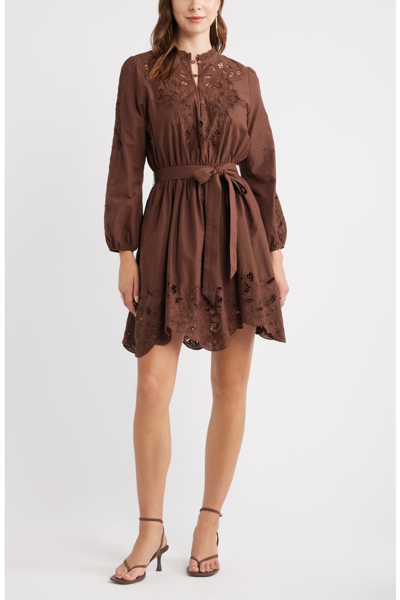 Embroidered Long Sleeve Tie Waist Minidress