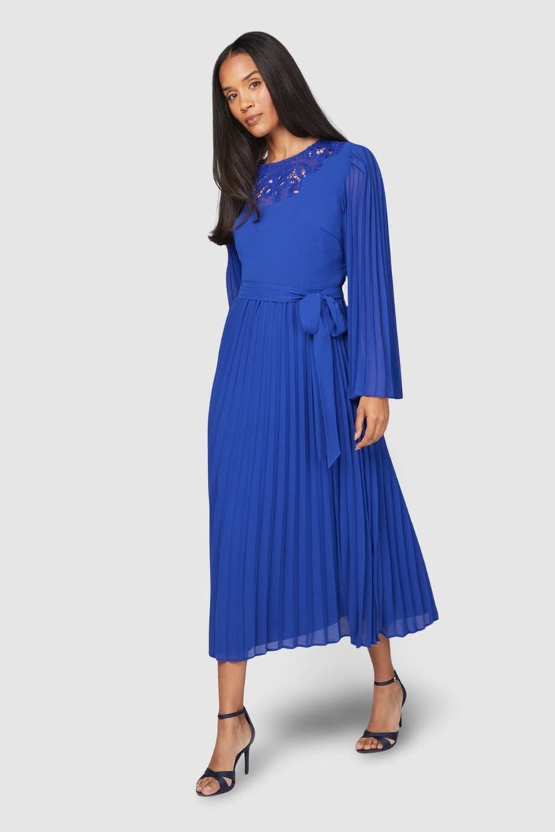 Pleated Floral Trim Midi Dress