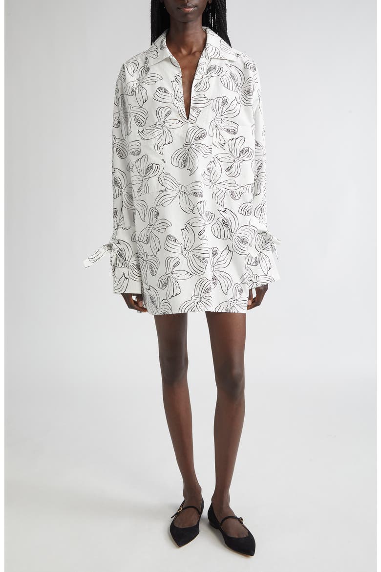 Sansa Bow Print Long Sleeve Cotton Poplin Minidress