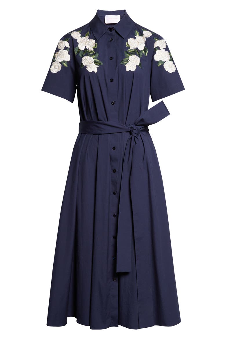 Floral Embroidered Midi Stretch Cotton Shirtdress