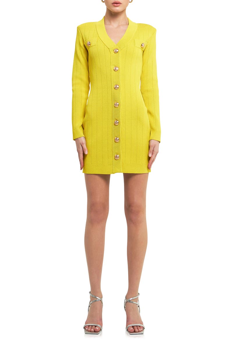 Padded Shoulder Long Sleeve Button-Up Sweater Minidress