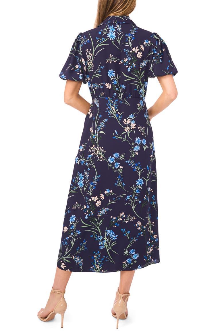 Floral Print Puff Sleeve Tie Waist Midi Dress